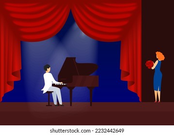Piano man, stage theater professional, player performance, musician play, sound classic, design, cartoon style vector illustration