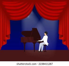 Piano man, stage theater professional, player performance, musician play, sound classic, design, cartoon style vector illustration