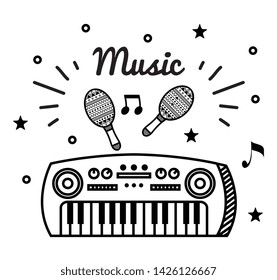 piano and maracas instruments with notes melody
