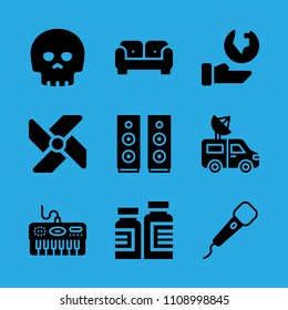 piano, medicine, van, skull, microphone, ecology, sofa, windmill and speaker vector icon. Simple icons set