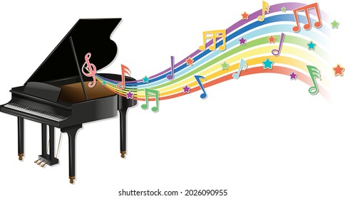 Piano with melody symbols on rainbow wave illustration