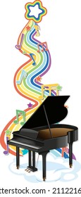 Piano with melody symbols on rainbow wave illustration