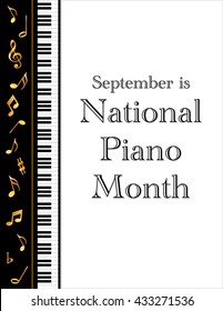 Piano Month Poster, national celebration of pianos and musicians held every September in USA, black and white vertical design with gold music notes and treble clef on piano keyboard background.