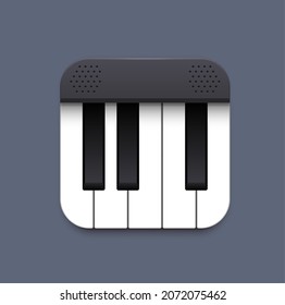 Piano music app interface 3d icon, vector keyboard of piano or synthesizer with white and black note keys. Mobile or web application ui, gui design, isolated square button of software widget