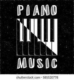 Piano Music Calligraphy Illusion Logo Lettering with Piano Keys Yin Yang Style Composition and Grunge Effect - White Elements on Black Background - Flat Contrast Graphic Design