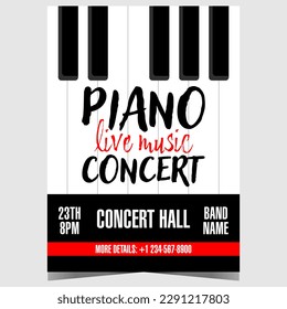 Piano music concert banner or poster with piano keys on background. Vector illustration of promo flyer or invitation leaflet for live piano music concert or festival. Ready to print isolated affiche.