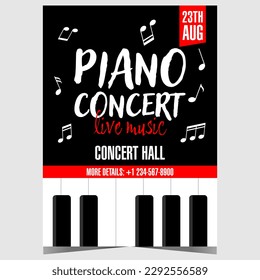 Piano music concert invitation and promo banner or poster with musical notes and piano keys on background. Ready to print vertical vector illustration for live piano music concert, feast or festival.