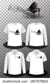 Klavier mit Logo für Noten mit Set verschiedener Hemden mit Klavier mit Logo-Noten auf Hemden-Illustration
