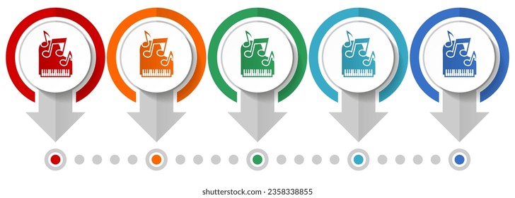Piano, music vector icon set, flat design infographic template, set pointer concept icons in 5 color options for webdesign and mobile applications