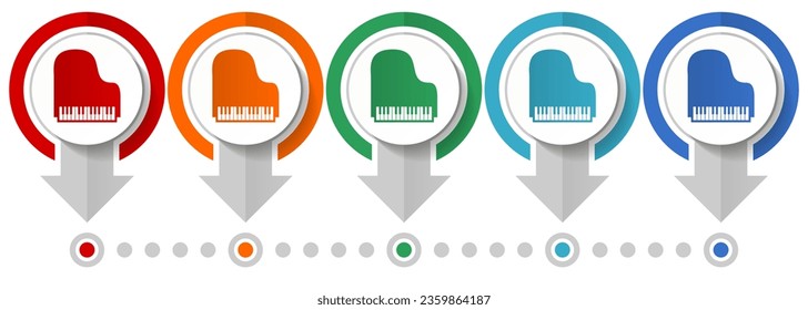 Piano, music vector icon set, flat design infographic template, set pointer concept icons in 5 color options for webdesign and mobile applications