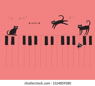 Piano Music, Vector illustration, with cat