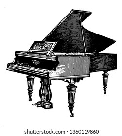 Piano Is A Musical Instrument With A Manual Keyboard Actuating Hammers That Strike Wire Strings, Vintage Line Drawing Or Engraving Illustration.