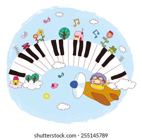 piano and musical notes, vector. pilot helmet with goggles. illustration of Boy on plane.