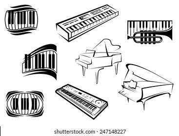 Piano musical outline icons and symbols with piano keyboards, grand pianos, synthesizers and trumpet suitable for classical and jazz music concept design