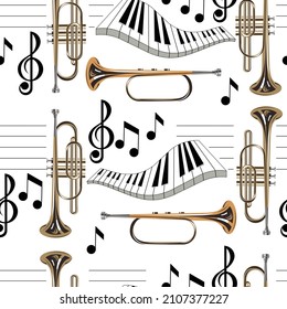 Piano and musical trumpet with notes and staves. Seamless pattern with musical instruments. Vector image. 