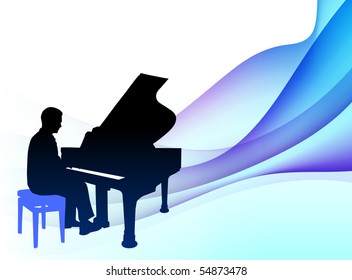 Piano  Musician on Abstract Flowing Background Original Illustration
