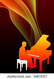 Piano Musician on Abstract Flowing Flame Background Original Illustration