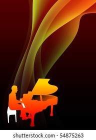 Piano Musician on Abstract Flowing Flame Background Original Illustration