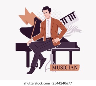 Piano musician, pianist player male professional, online piano lessons, classical session, concert, modern design for art magazine, blog, graphic advertisement, digital social media illustration