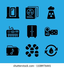 piano, newspaper, camcorder, radiation, mirror, closet, water, pills and music folder vector icon. Simple icons set