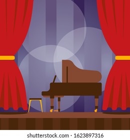 Piano on stage, vector illustration. Musical concert performance, classical culture evening event. Music festival announcement poster, stage with piano ready for concert. Flat style cartoon scene