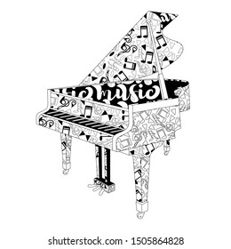 Un piano con un adorno de notas que simbolizan el sonido de la música. Zenart. Colores antiestrés.
