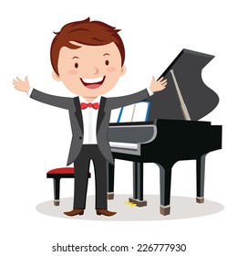 Piano performance. Young pianist standing near piano in suit and gesturing.