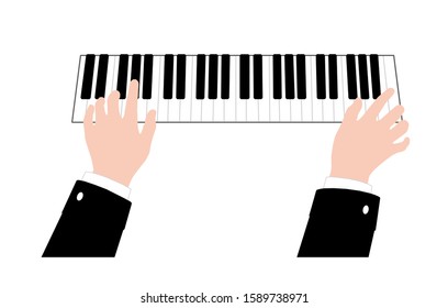 Piano player hands on a piano keyboard. Flat style vector illustration.