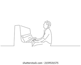 Piano Player In Line Art Drawing Style. Composition Of Musician Playing. Black Linear Sketch Isolated On White Background. Vector Illustration Design.