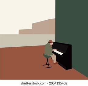 Piano player with medical mask performing during a pandemic on street near river. Music show entertainment and hobby concept. Outdoors. Close-up.