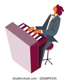 Piano player performing songs and melodies at concert or rehearsal. Isolated male practicing music skills. Teacher or student in school, workshop of professional. Composer vector in flat style