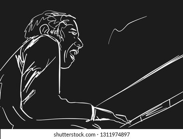 Piano player.  White silhouette on black background. Black and white musical illustration. Vector.