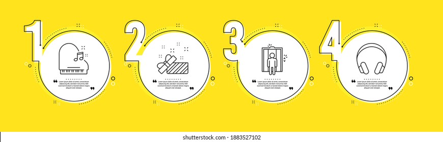 Piano, Present and Elevator line icons set. Timeline process infograph. Headphones sign. Fortepiano, Gift, Lift. Music listening device. Business set. Yellow infographics timeline. Vector