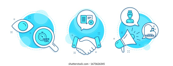 Piano, Quick tips and Doctor line icons set. Handshake deal, research and promotion complex icons. Reject book sign. Fortepiano, Helpful tricks, Medicine person. Delete article. Vector
