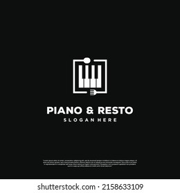 piano resto logo vintage design, piano with spoon and fork logo