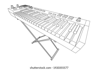 Piano roll analog synthesizer faders buttons knobs. Wireframe low poly mesh vector illustration.