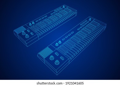Piano roll analog synthesizer faders buttons knobs. Wireframe low poly mesh vector illustration.