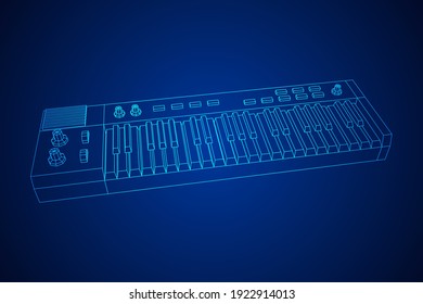 Piano roll analog synthesizer faders buttons knobs. Wireframe low poly mesh vector illustration.