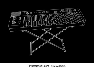 Piano roll analog synthesizer faders buttons knobs. Wireframe low poly mesh vector illustration.