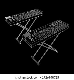 Piano roll analog synthesizer faders buttons knobs. Wireframe low poly mesh vector illustration.