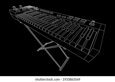 Piano roll analog synthesizer faders buttons knobs. Wireframe low poly mesh vector illustration.