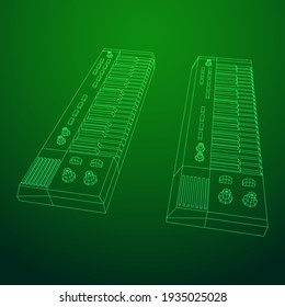 Piano roll analog synthesizer faders buttons knobs. Wireframe low poly mesh vector illustration.