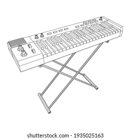 Piano roll analog synthesizer faders buttons knobs. Wireframe low poly mesh vector illustration.