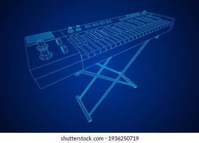 Piano roll analog synthesizer faders buttons knobs. Wireframe low poly mesh vector illustration.