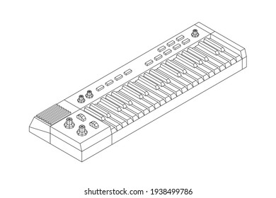 Piano roll analog synthesizer faders buttons knobs. Wireframe low poly mesh vector illustration.