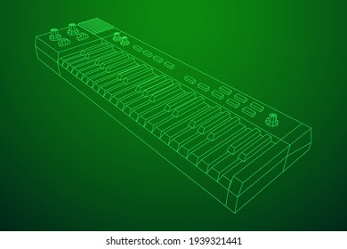 Piano roll analog synthesizer faders buttons knobs. Wireframe low poly mesh vector illustration.