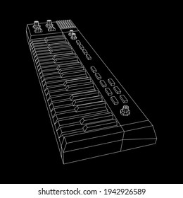 Piano roll analog synthesizer faders buttons knobs. Wireframe low poly mesh vector illustration.