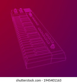 Piano roll analog synthesizer faders buttons knobs. Wireframe low poly mesh vector illustration.