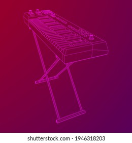 Piano roll analog synthesizer faders buttons knobs. Wireframe low poly mesh vector illustration.