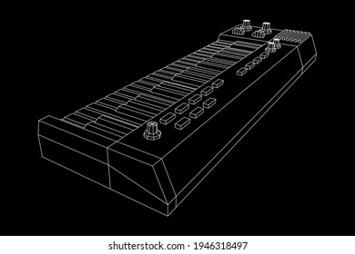 Piano roll analog synthesizer faders buttons knobs. Wireframe low poly mesh vector illustration.